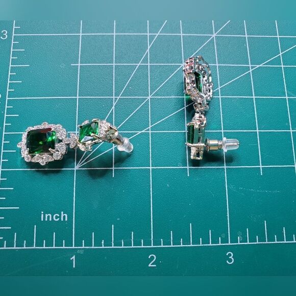 Princess Cut Emerald Drop Stud Earrings Surrounded with White  Baguette Diamonds - Picture 5 of 5
